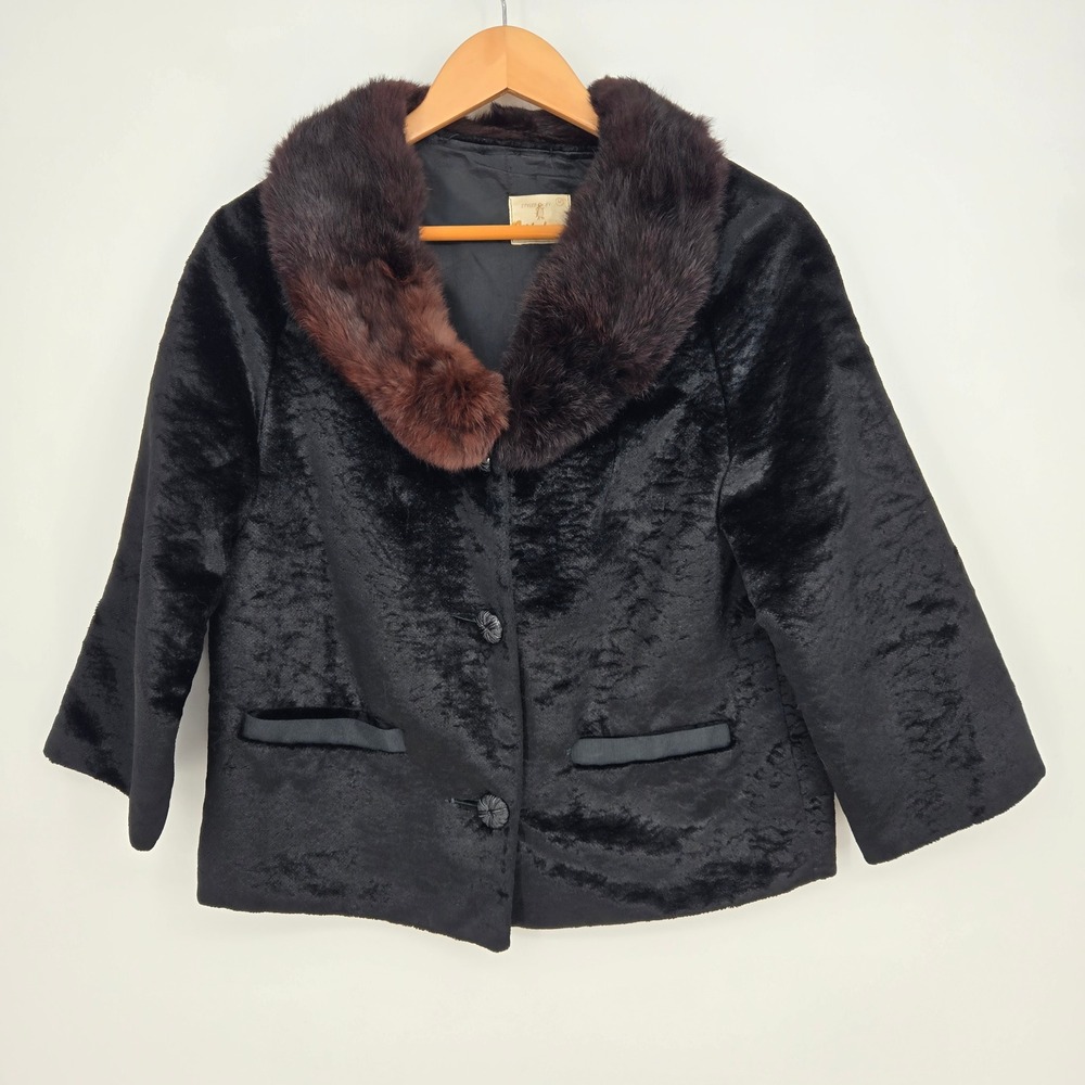 Vintage Real Mink Fur And Velvet Jacket Womens M Black Brown Retro Glam Winter